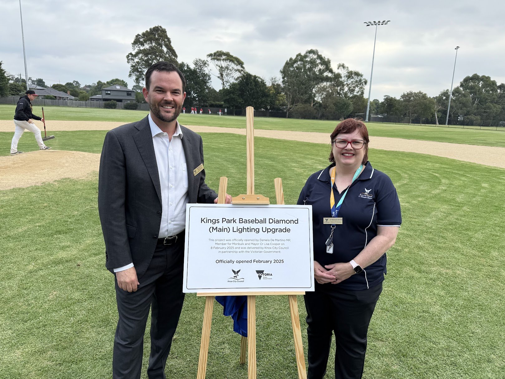 With Cr Meagan Baker at the opening of the Kings Park baseball diamond lighting upgrade.